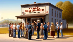 Here's the fictional scene you requested, depicting townsfolk outside the Cabool Police Department, expressing their concerns about local animal issues to the officers.